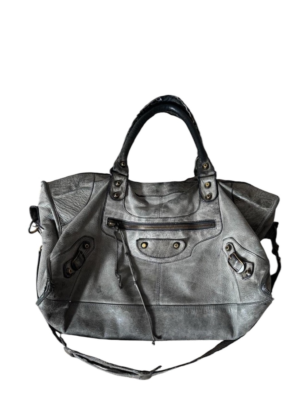 Balenciaga Gray Leather Tote with Stud Accents